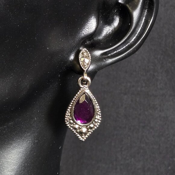 Avon Jewelry - Vtg Avon Romantic Splendor Purple Teardrop Faux Marcasite Earrings Silvertone